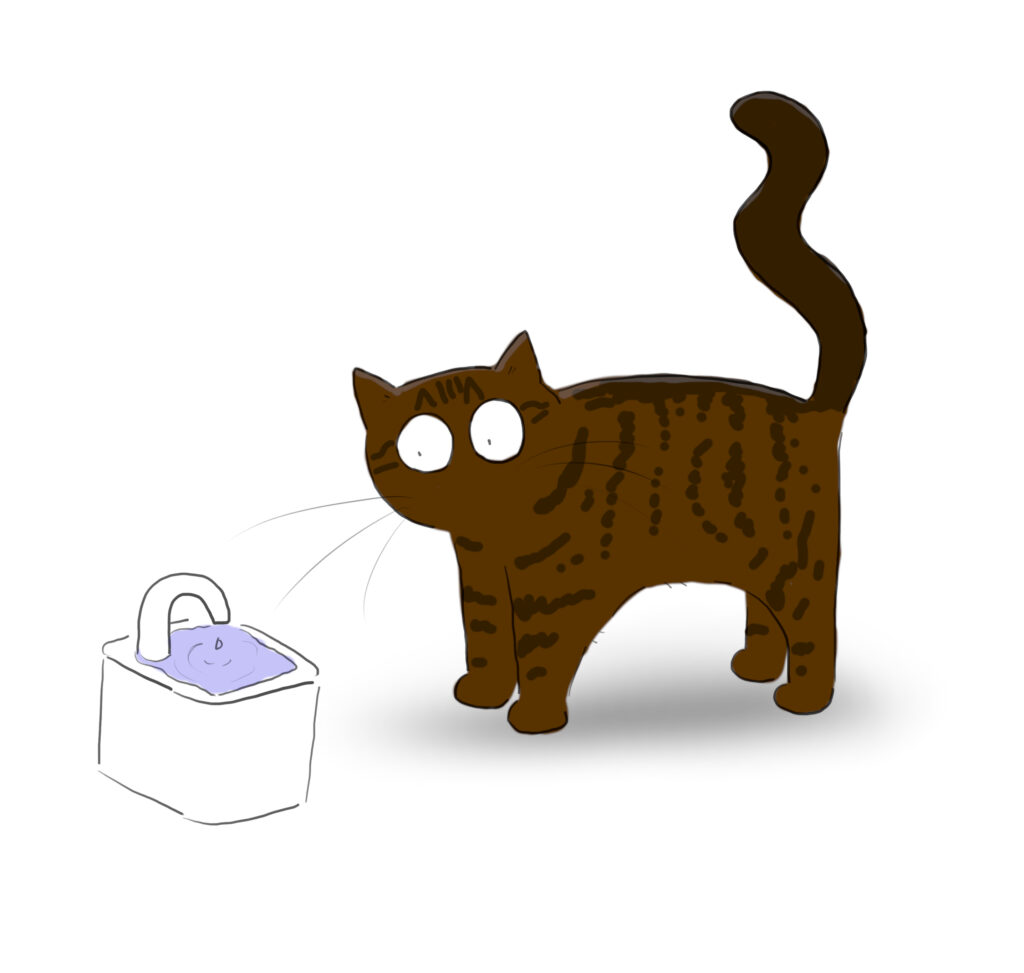 A cartoon of a tabby cat staring at a little dripping cat fountain.