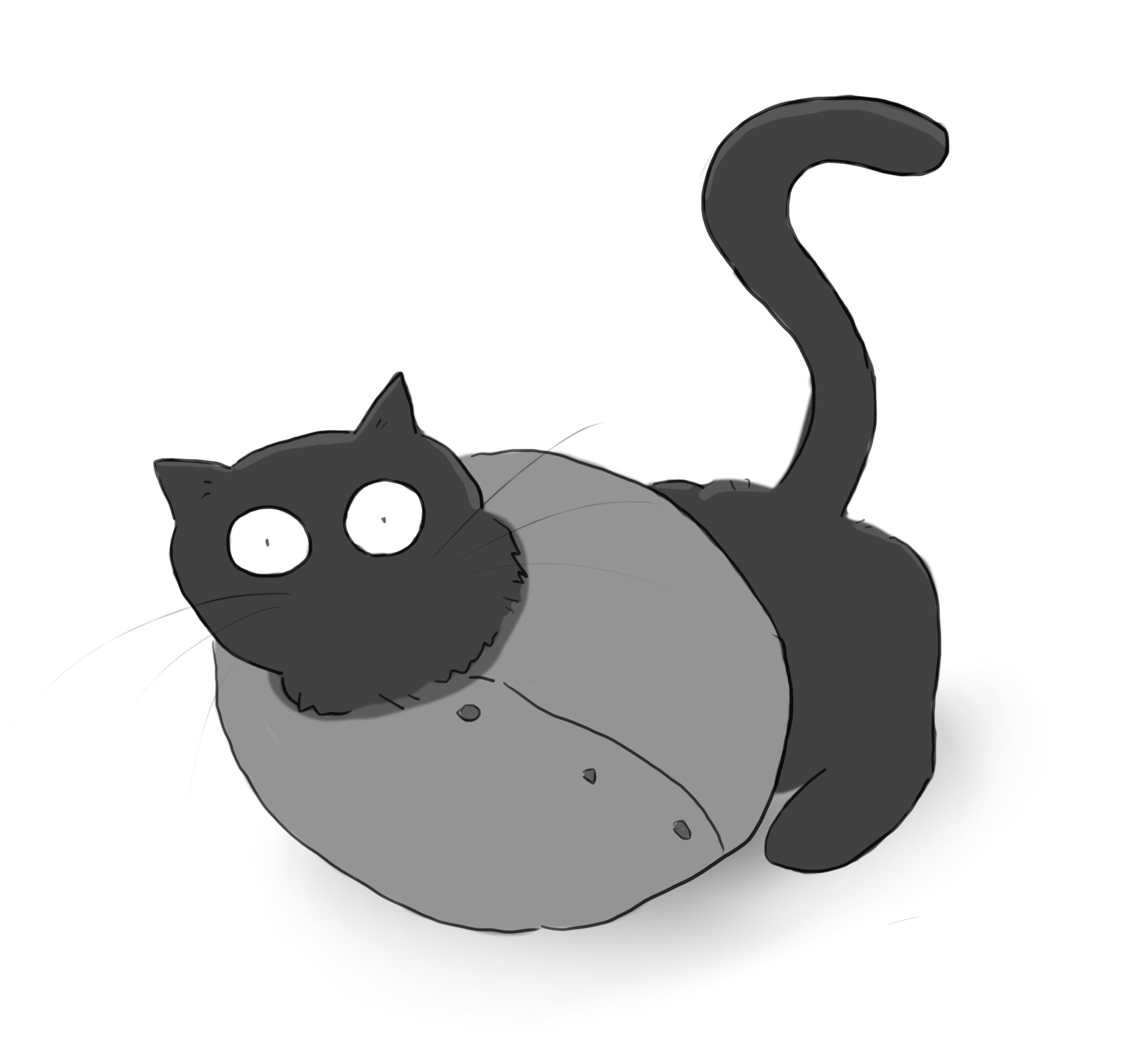 A cartoon of a black cat sticking its head through a big grey cat ball.