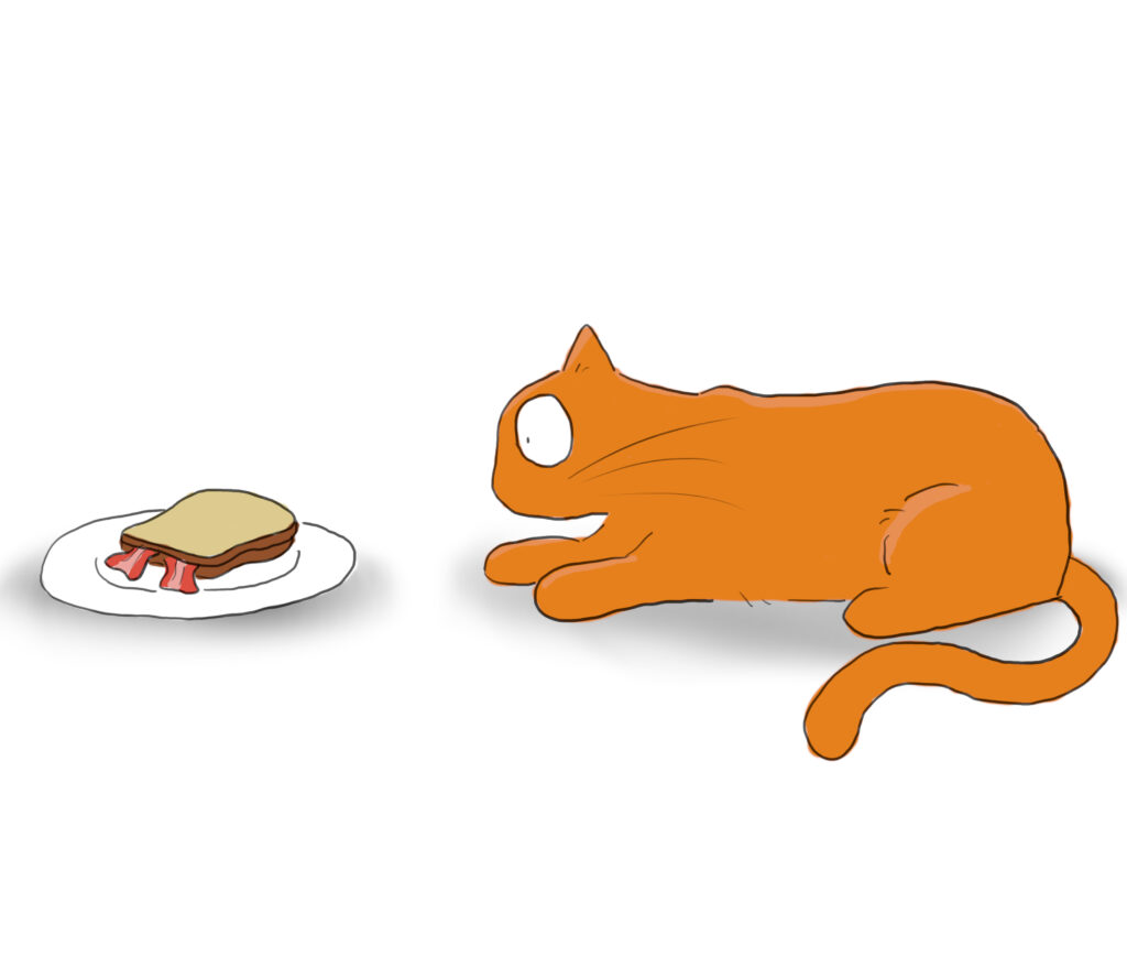 A cartoon of an orange cat staring at a bacon sandwich on a plate.