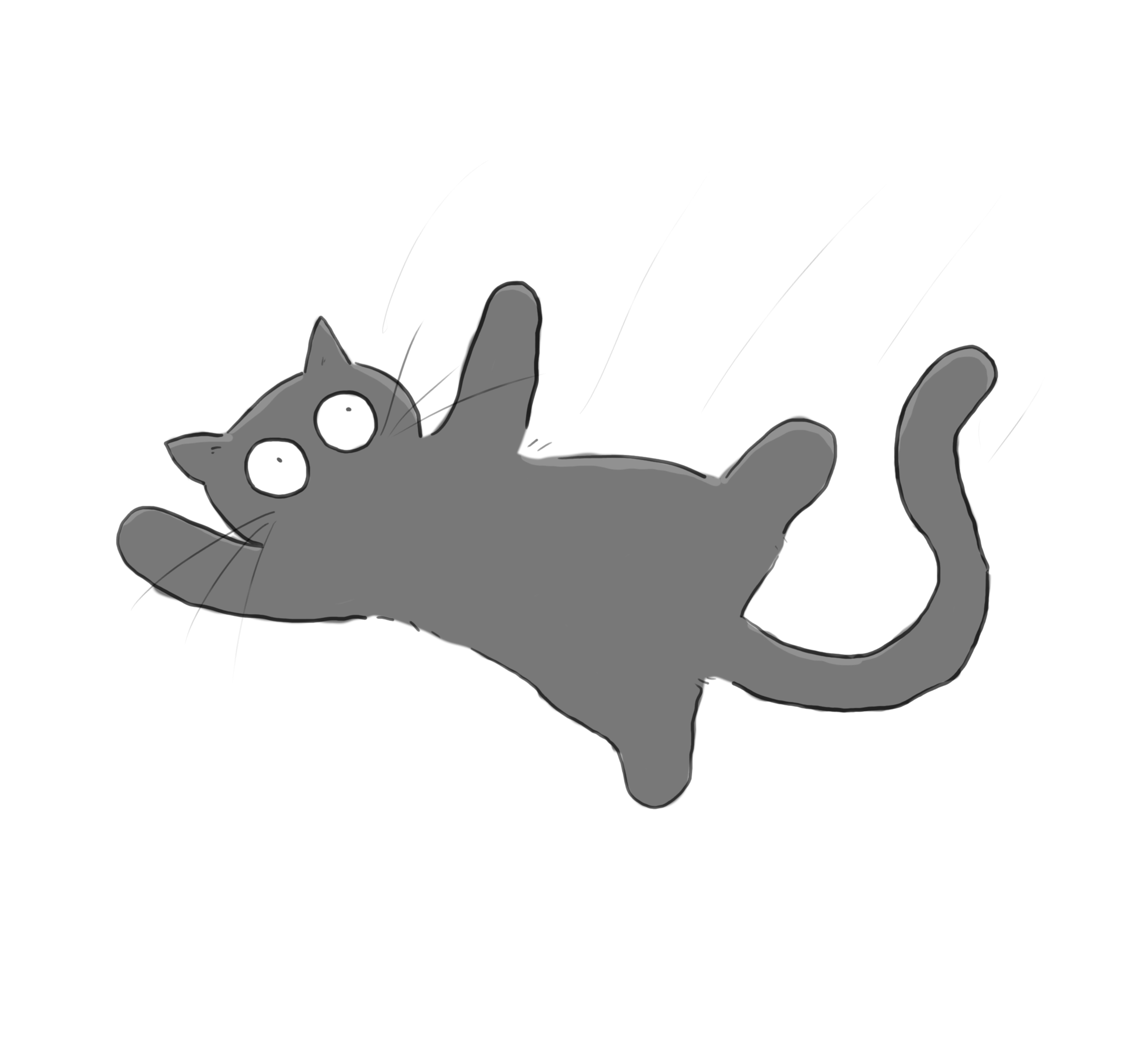 A cartoon of a grey cat falling.