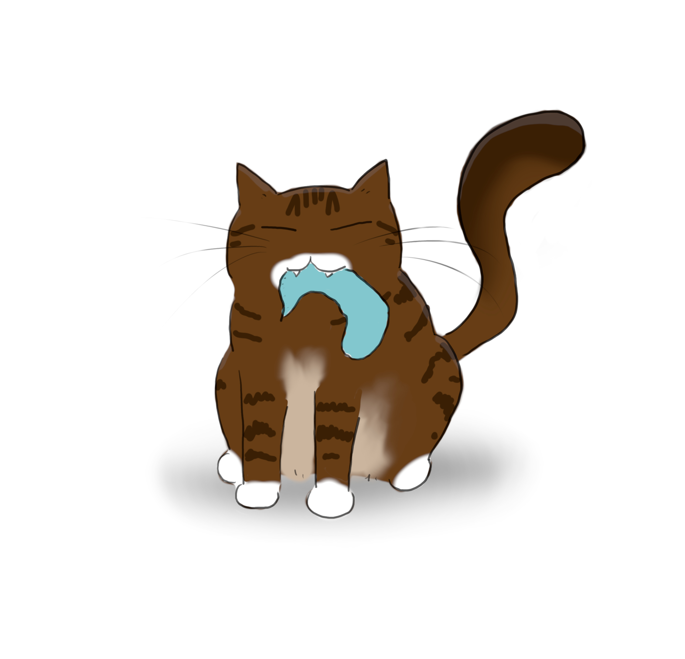 A cartoon of a tabby cat with a turquoise sock in her mouth.
