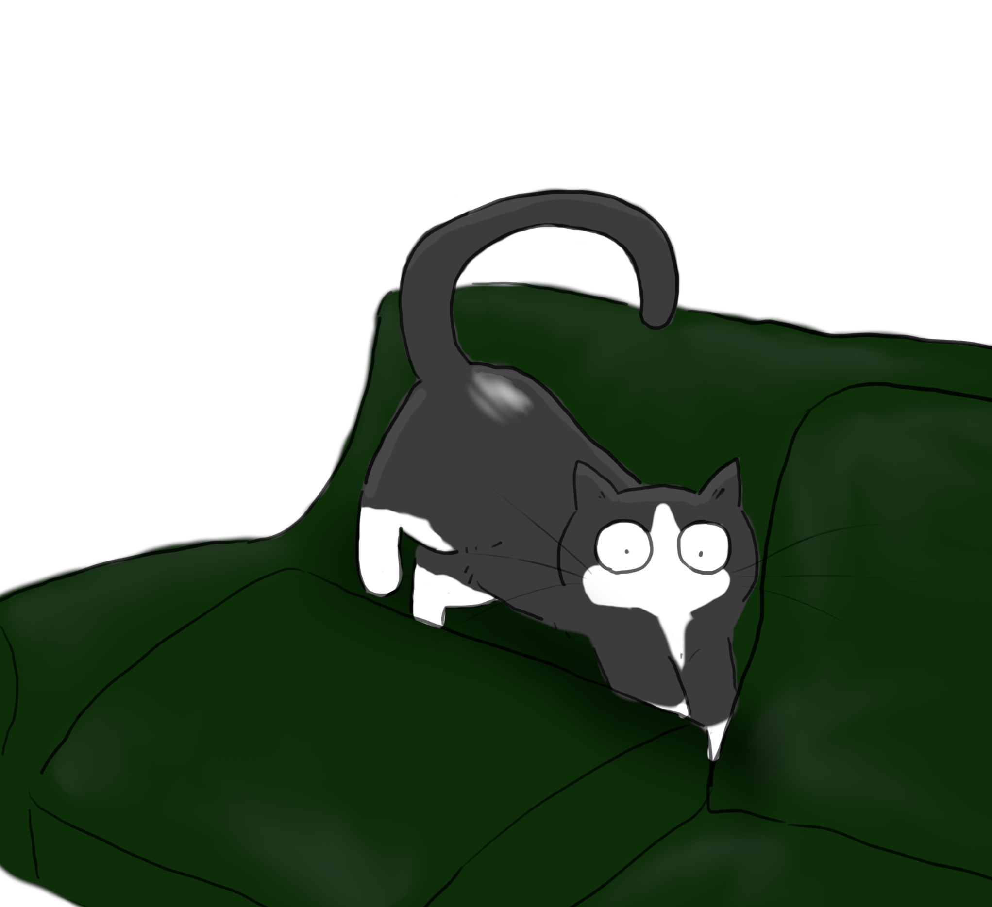 A cartoon of a tuxedo cat digging herself into the gap behind the back cushions of a green couch.