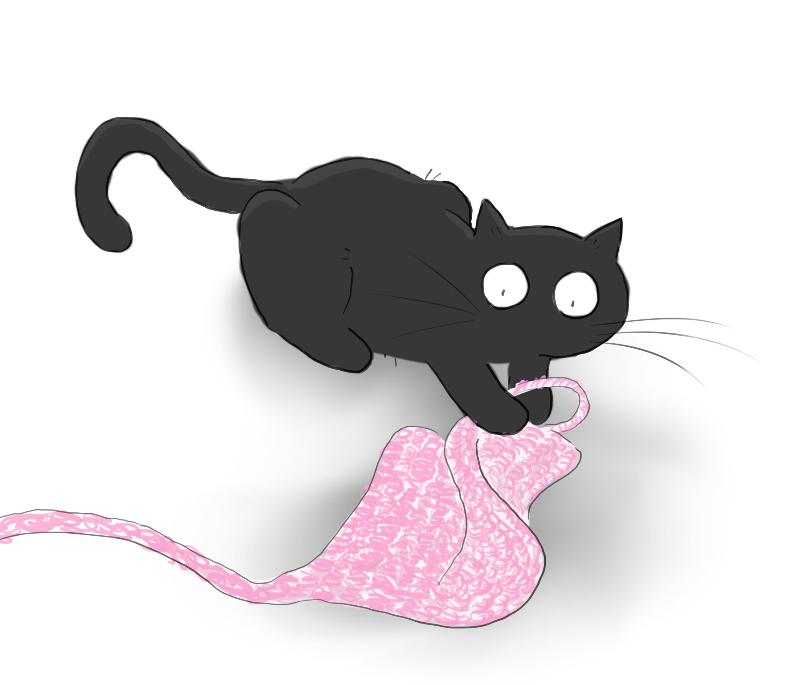 A cartoon of a black cat grabbing and pulling at at a pink knitted square.