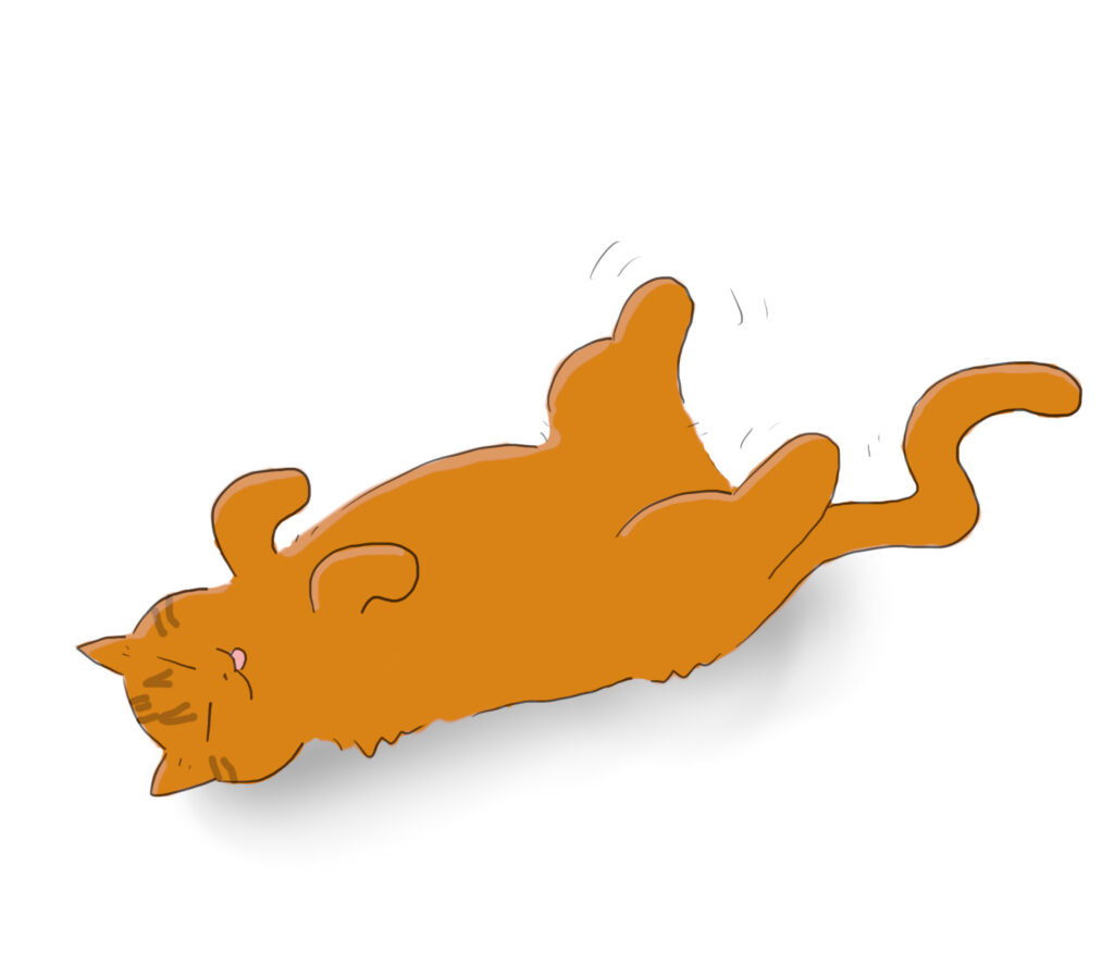 voltaire_dreams A cartoon of an orange cat lying on his back with his tongue hanging out and kicking his legs.