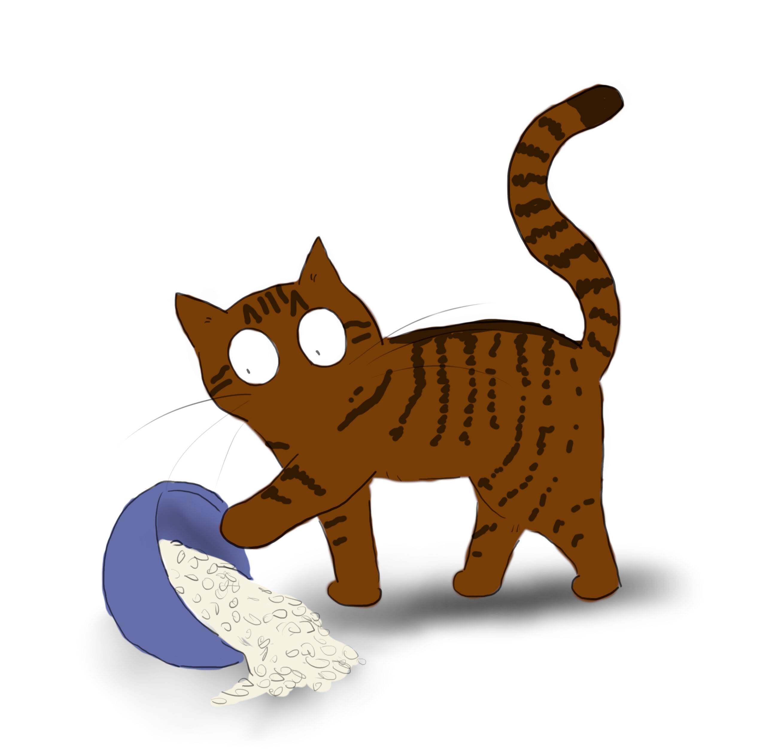 A cartoon of a tabby cat knocking over a bowl of rice.