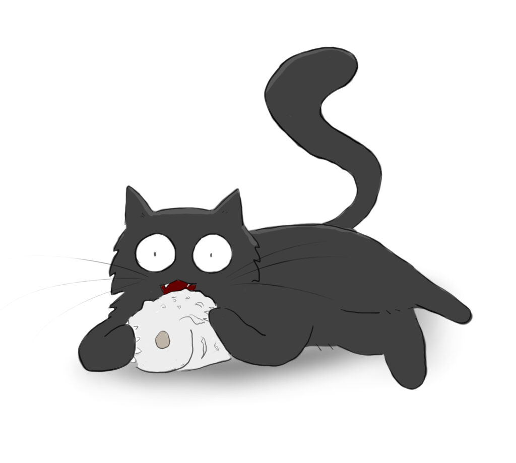 A cartoon of a fluffy black cat biting on a toilet roll.