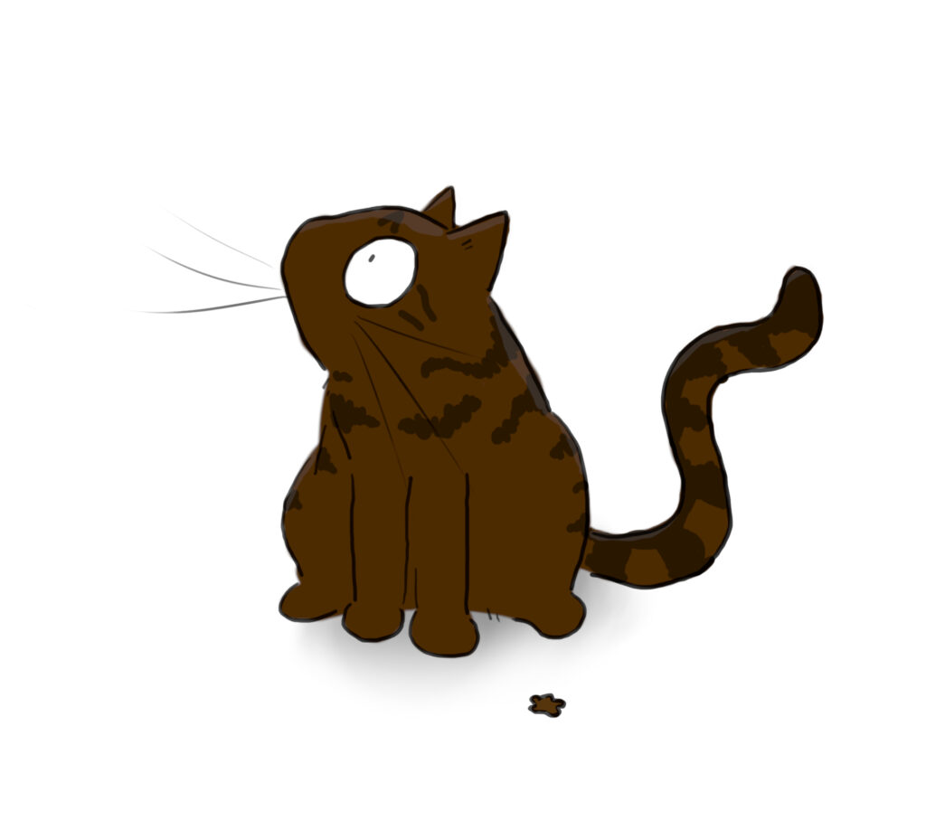 A cartoon of a tabby cat staring away from a little cat treat.