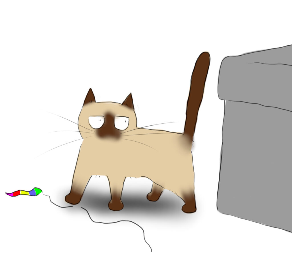 A cartoon of a siamese cat looking very much in control next to a grey couch.