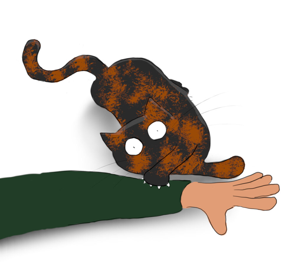A cartoon of a tortoiseshell cat grabbing a person's arm.