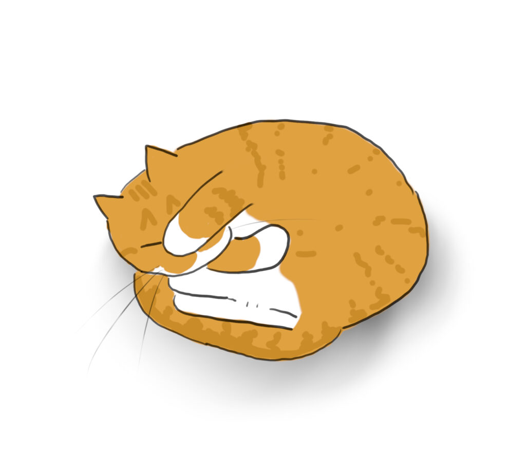 tigger-tiger_curled A cartoon of an orange and white cat curled up tightly with one paw over his eyes.