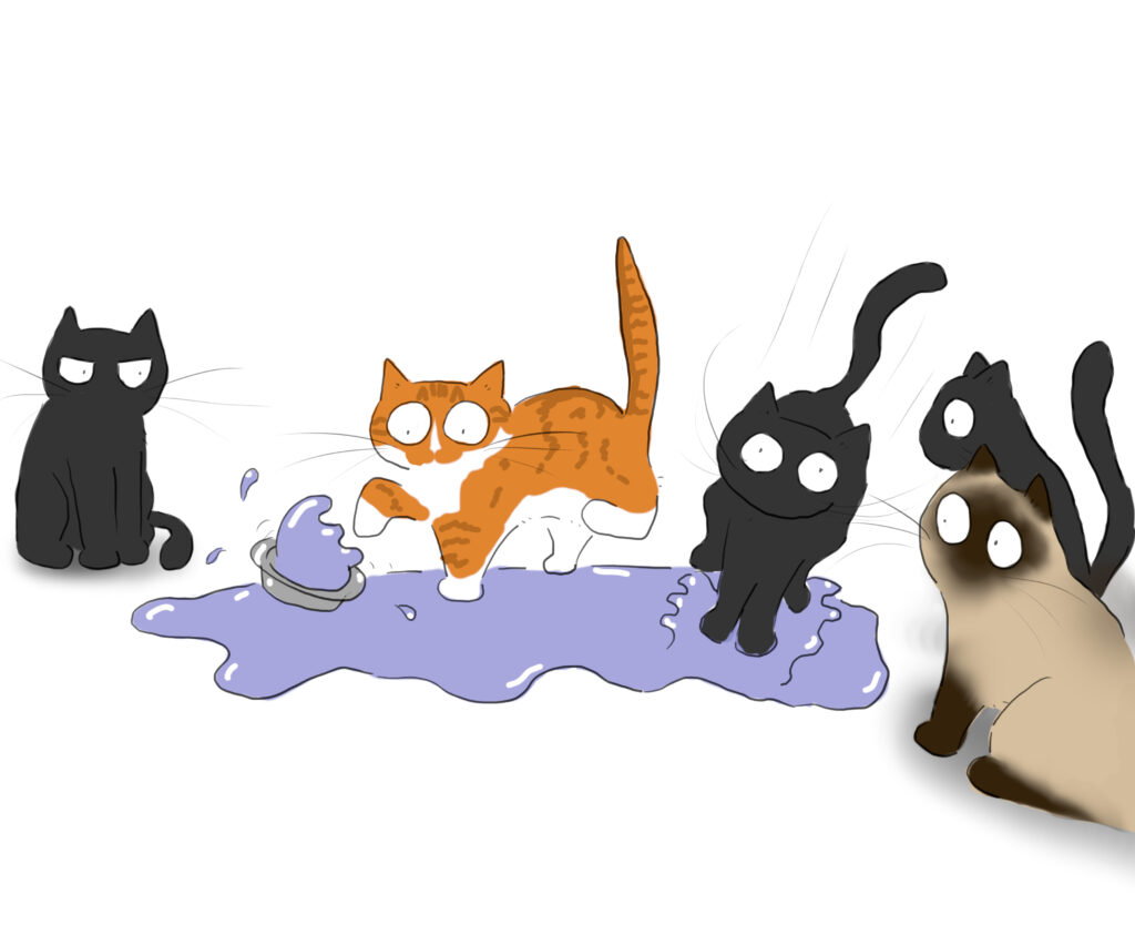 A cartoon of an orange and white cat hopping about in a pool of water next to a spilling water dish. A black cat watches and judges from the left, a black cat skids through the puddle on the near right. A black and a Siamese cat both look on from the right edge.