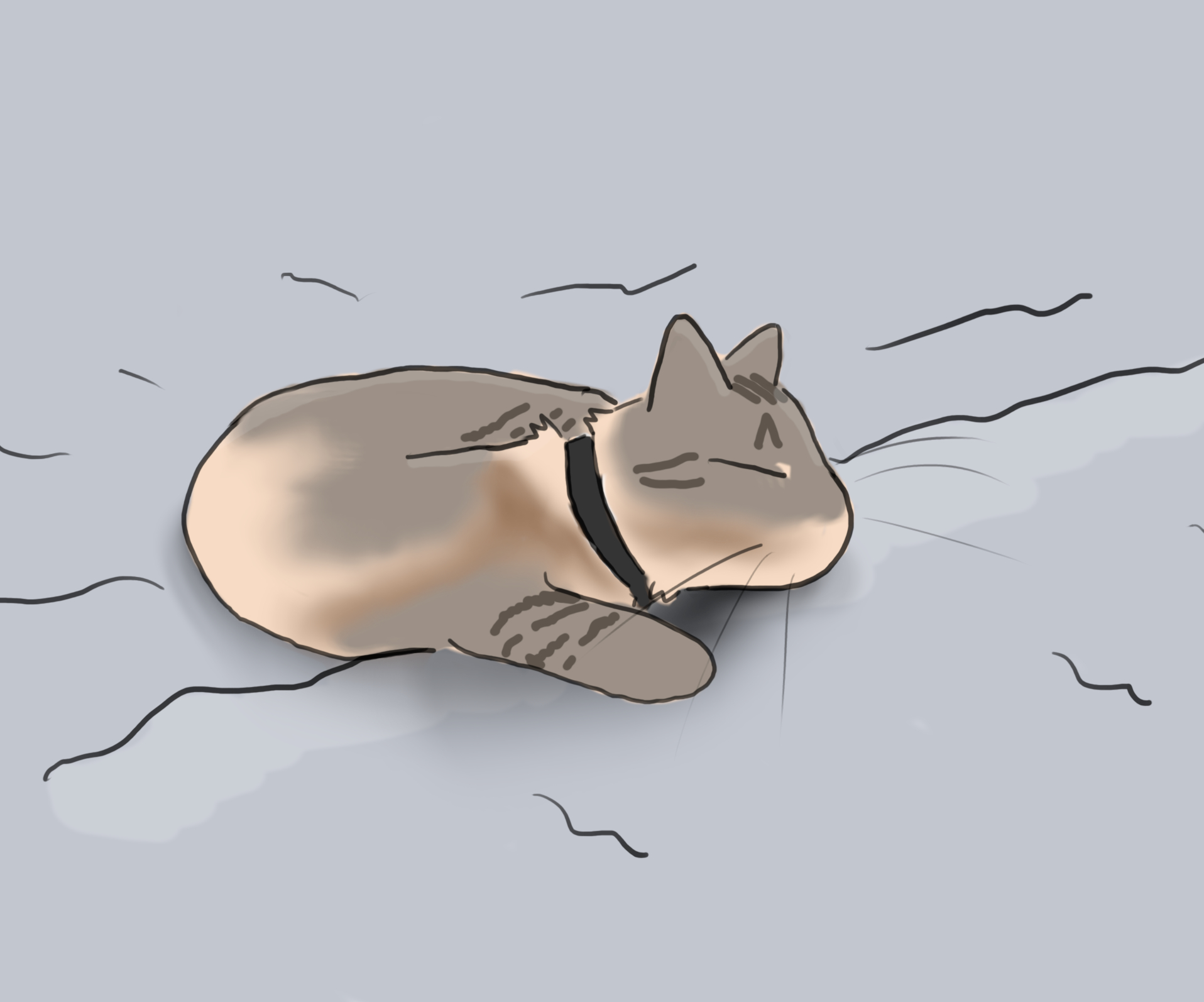 A cartoon of a grey and cream cat sleeping peacefully.