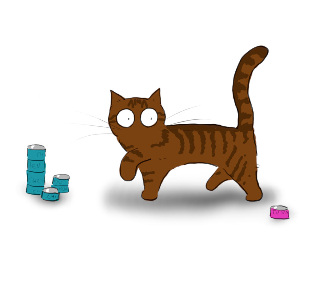 A cartoon of a tabby cat walking away from a tuna can, towards a pile of chicken cat food cans.