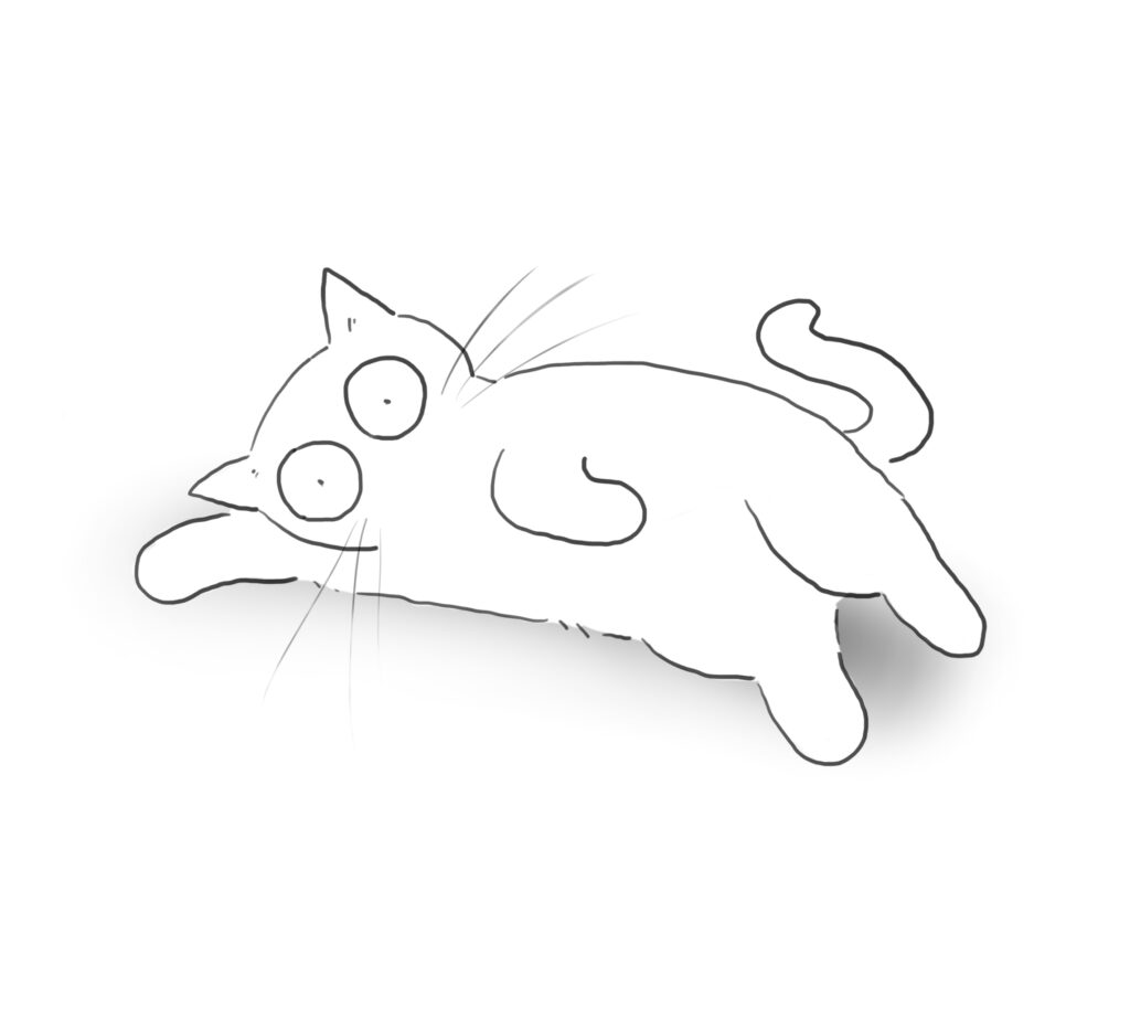 A cartoon of a white cat, lounging on its side.