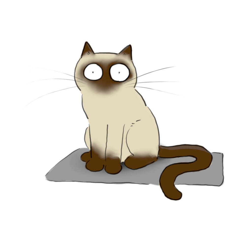A cartoon of a Siamese cat sitting on a doormat.