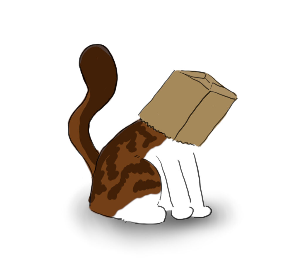 A cartoon of a tabby and white cat with a paper bag on its head.