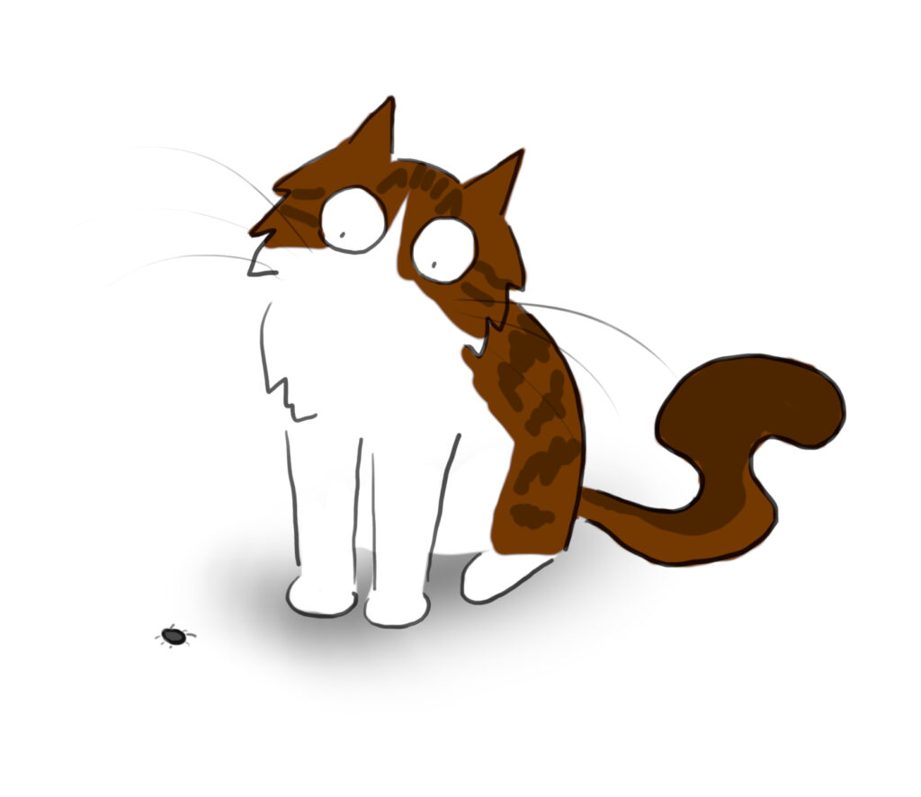 A cartoon of a fluffy tabby and white cat watching a tiny bug.