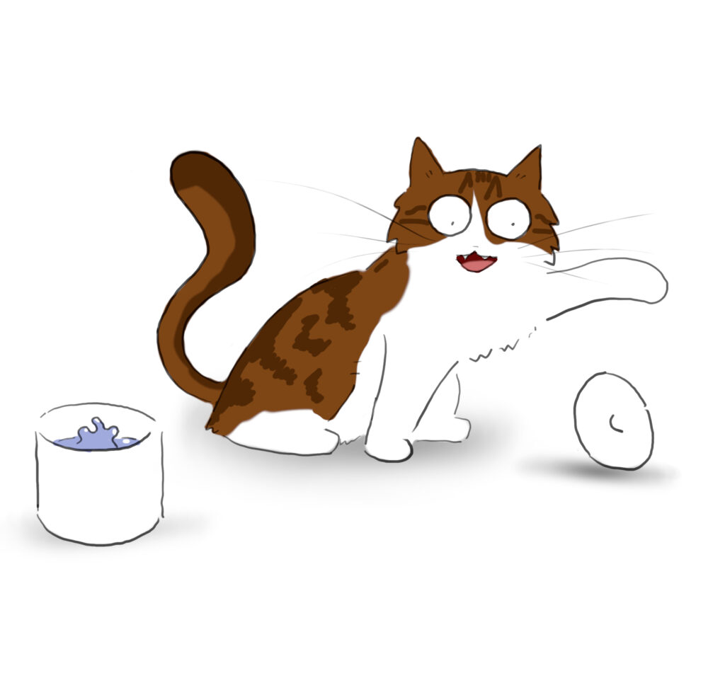 A cartoon of a tabby and white Maine Coon cat playing with the top of a cat water fountain.