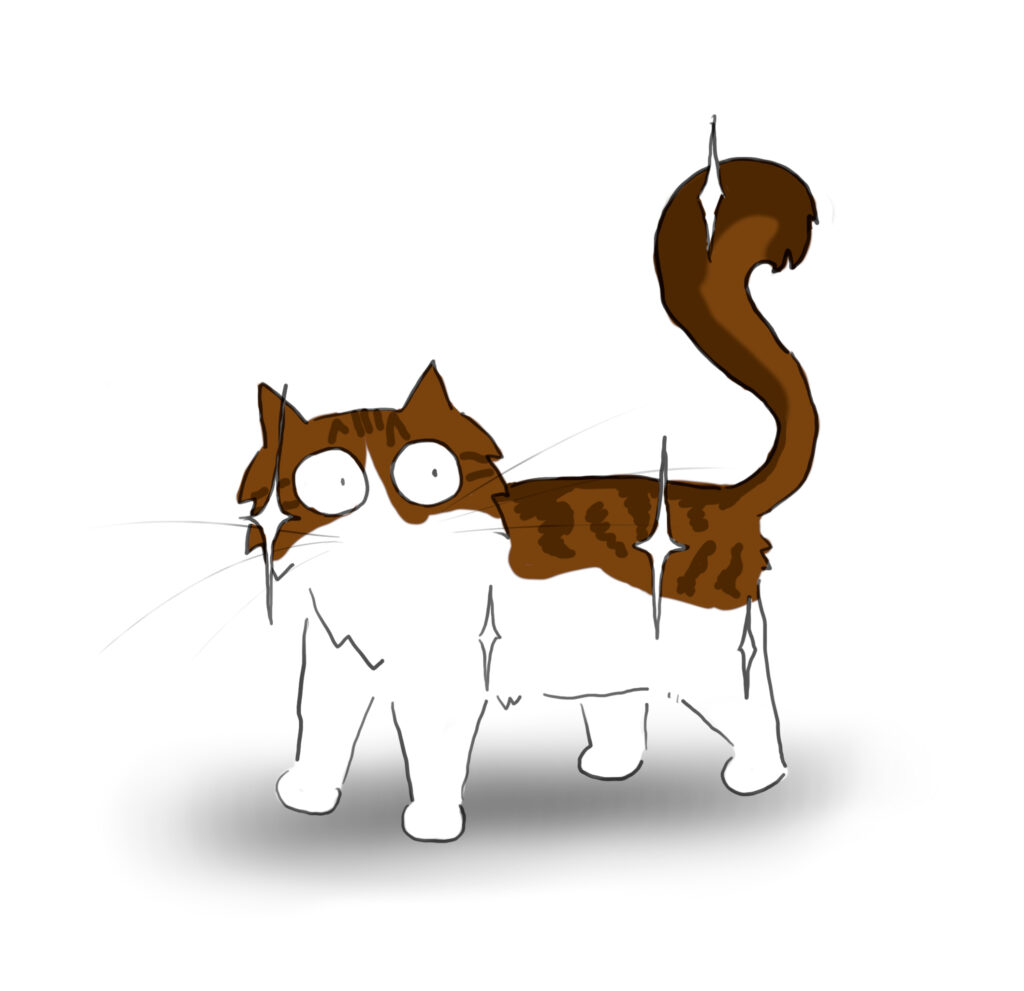 pippin_sparkles A cartoon of a fluffy tabby and white cat, sparkling.