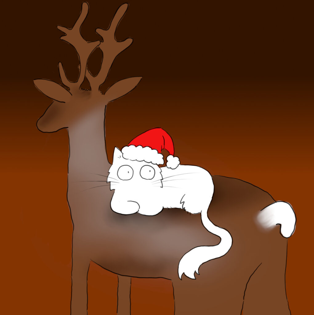 A cartoon of a white cat with a Santa's hat sitting on the back of a reindeer.