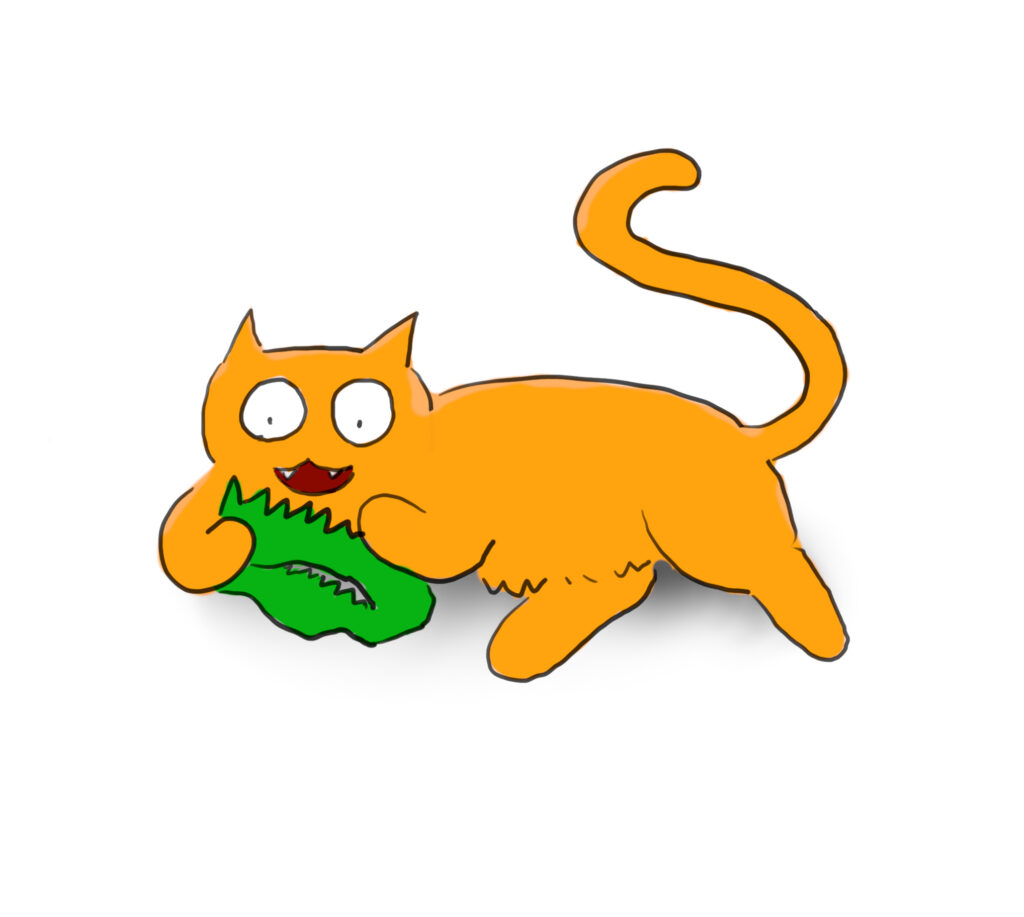 voltaire_crown A cartoon of an orange cat playing with a green paper crown.
