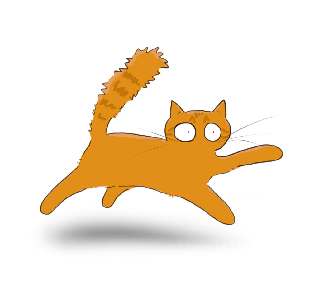 Simba A cartoon of an orange cat running with its tail fluffed up.