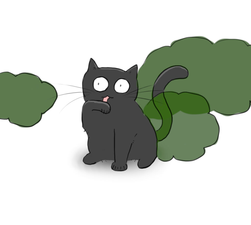 cassiel_smell A cartoon of a polydactly black cat licking its paw, surrounded by stink clouds.