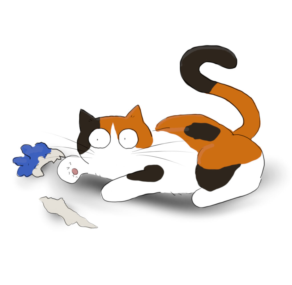 A cartoon of a tricolour cat playing with some pieces of colourful paper.
