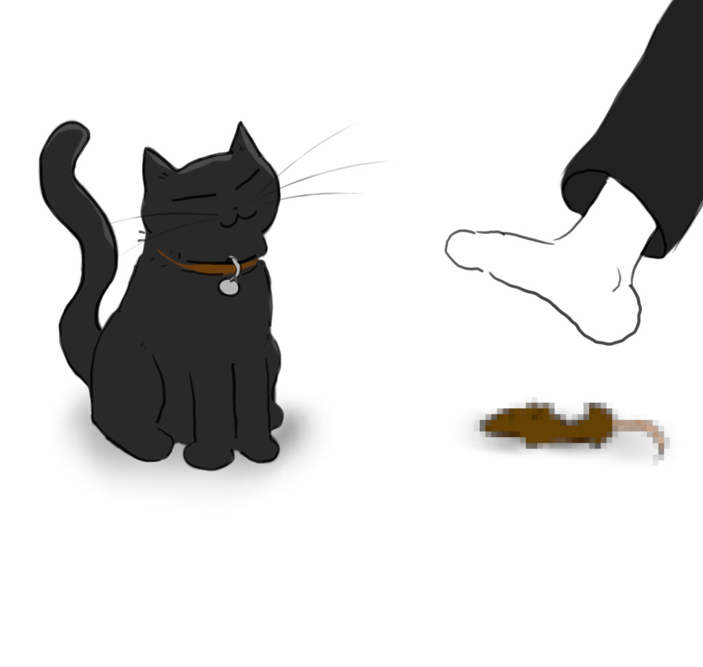 A cartoon of a proud black cat wearing a collar, next to a pixellated dead mouse that a person is about to step on.