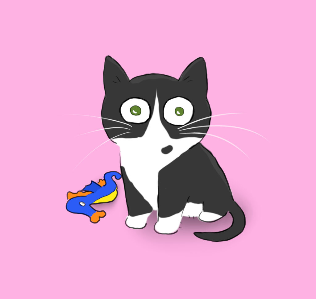 little_oliver A cartoon of a tuxedo kitten sitting with a stuffed seahorse, with a pink background.