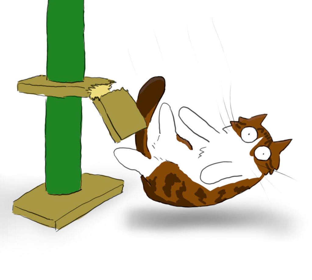 A cartoon of a tabby and white Maine Coon cat falling off a snapped cat tower platform.