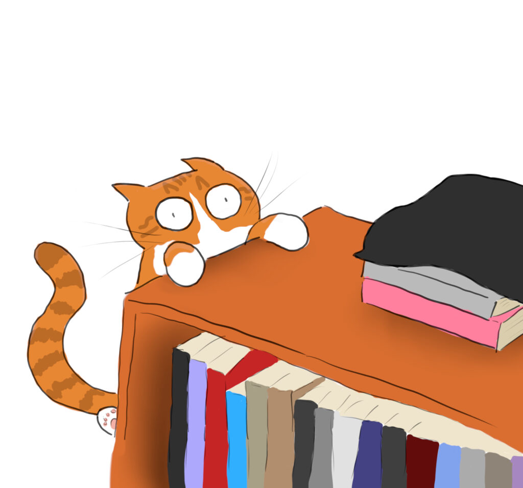 A cartoon of an orange and white cat precariously holding onto the edge of a bookcase.
