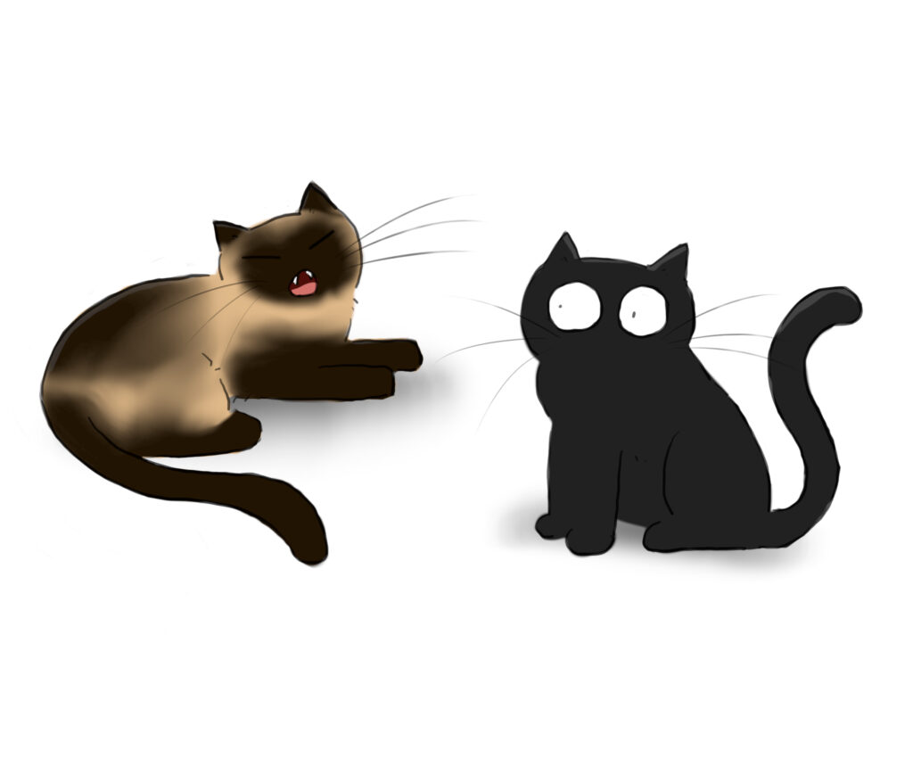 A cartoon of a siamese cat yawning, next to a black cat.