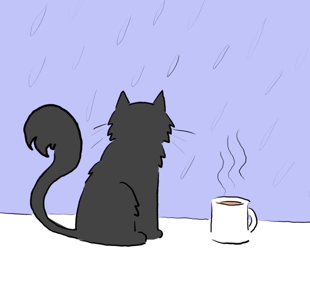 A cartoon of a fluffy black cat watching the rain next to a hot mug of tea.