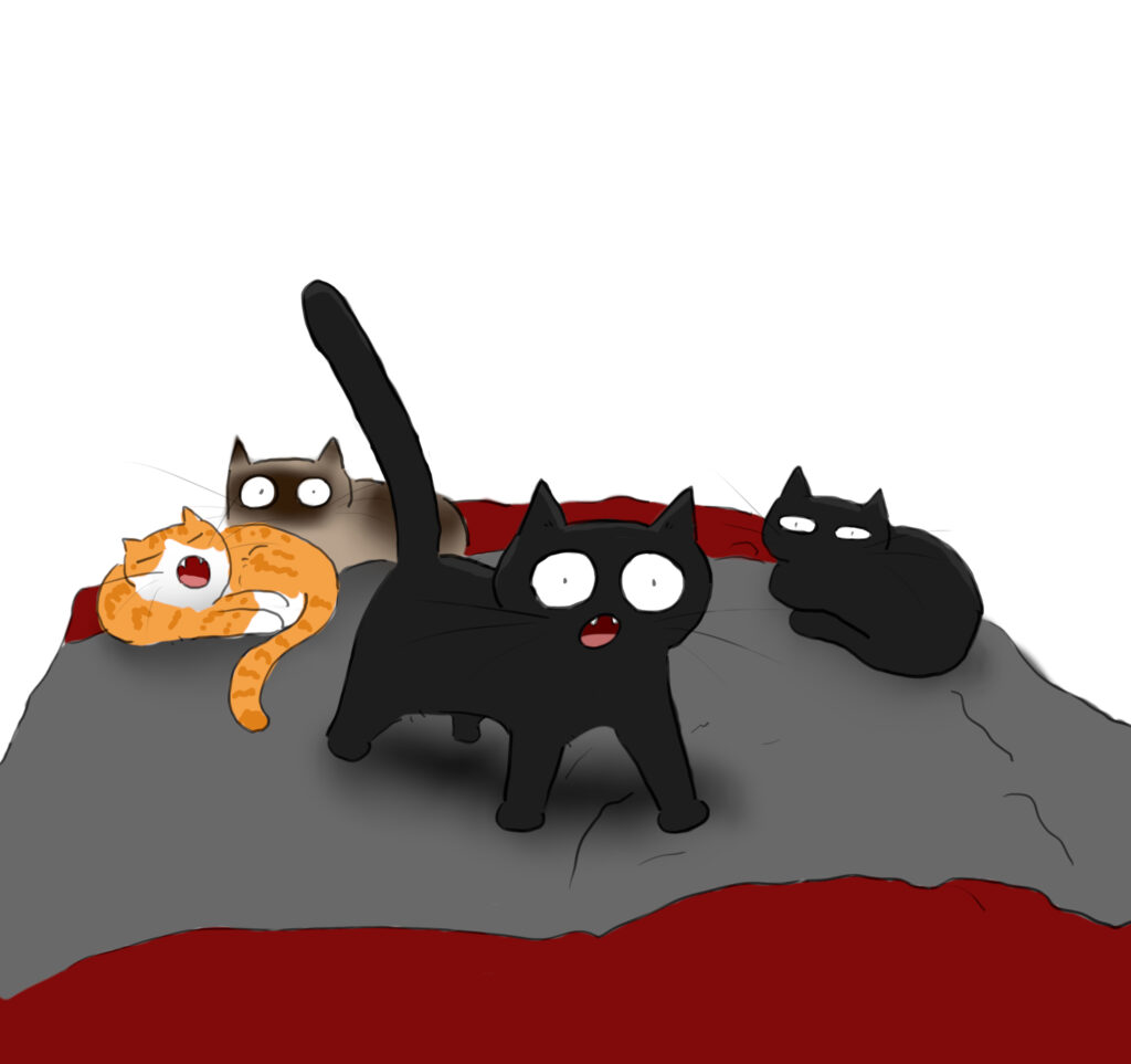A cartoon of a collect of black, orange and siamese cats on a big red bed, with a grey spread on it.