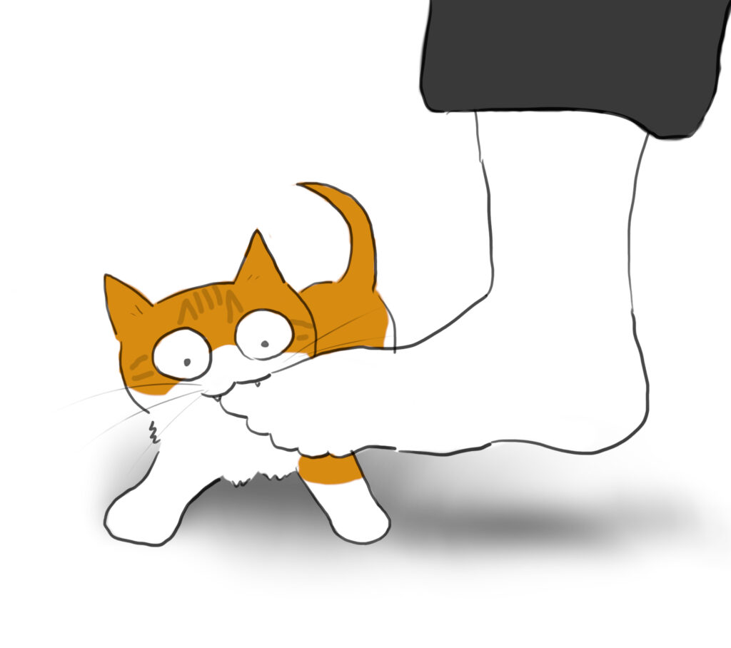 A cartoon of an orange and white kitten, biting a person's big toe.