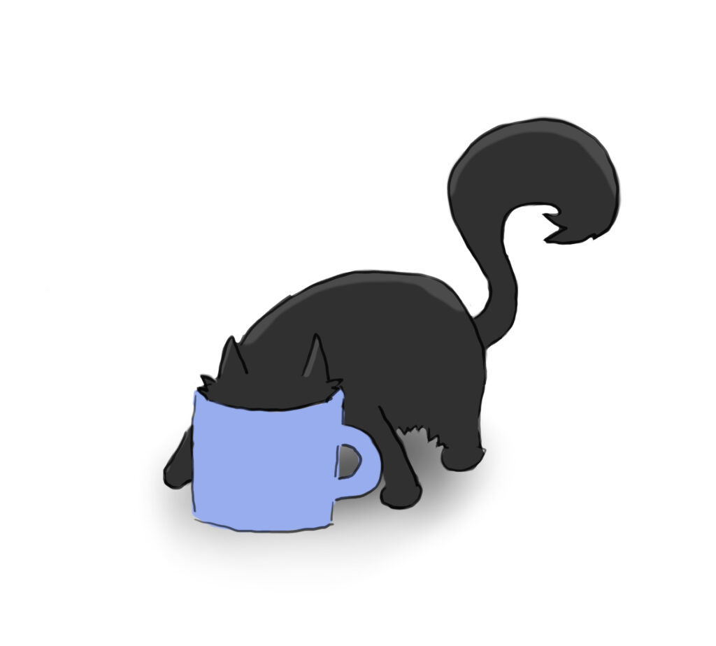 bumble_tea A cartoon of a fluffy black cat sticking her head in a tea cup.