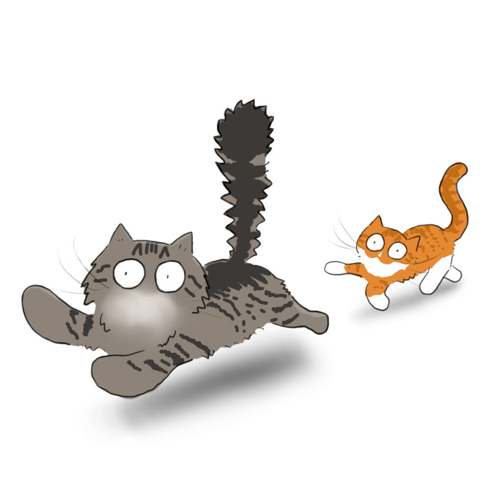 A cartoon of a beige tabby cat being chased by an orange and white cat.