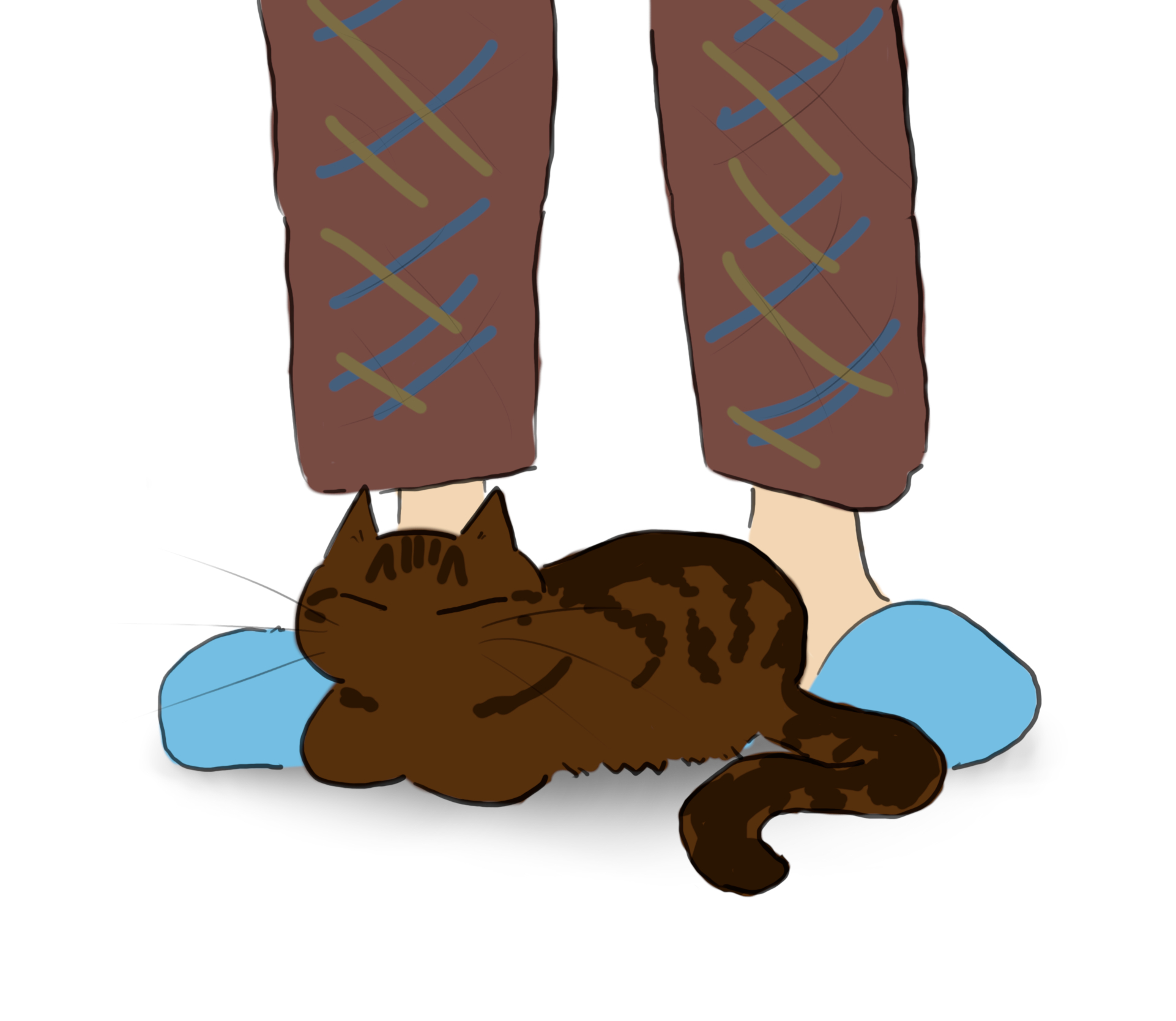 A cartoon of a tabby cat happily sitting on a person's slippered feet.