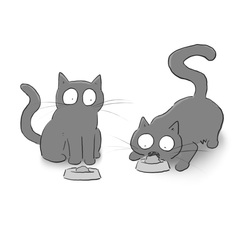 A cartoon of a cat watching closely as another cat eats out of a bowl, even though there is a full bowl in front of it.