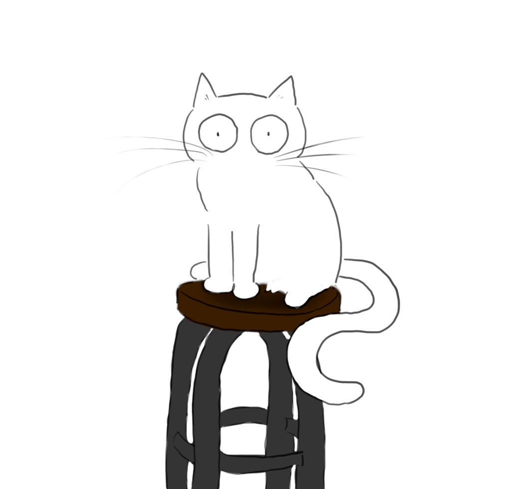 A cartoon of a white cat sitting on a stool.