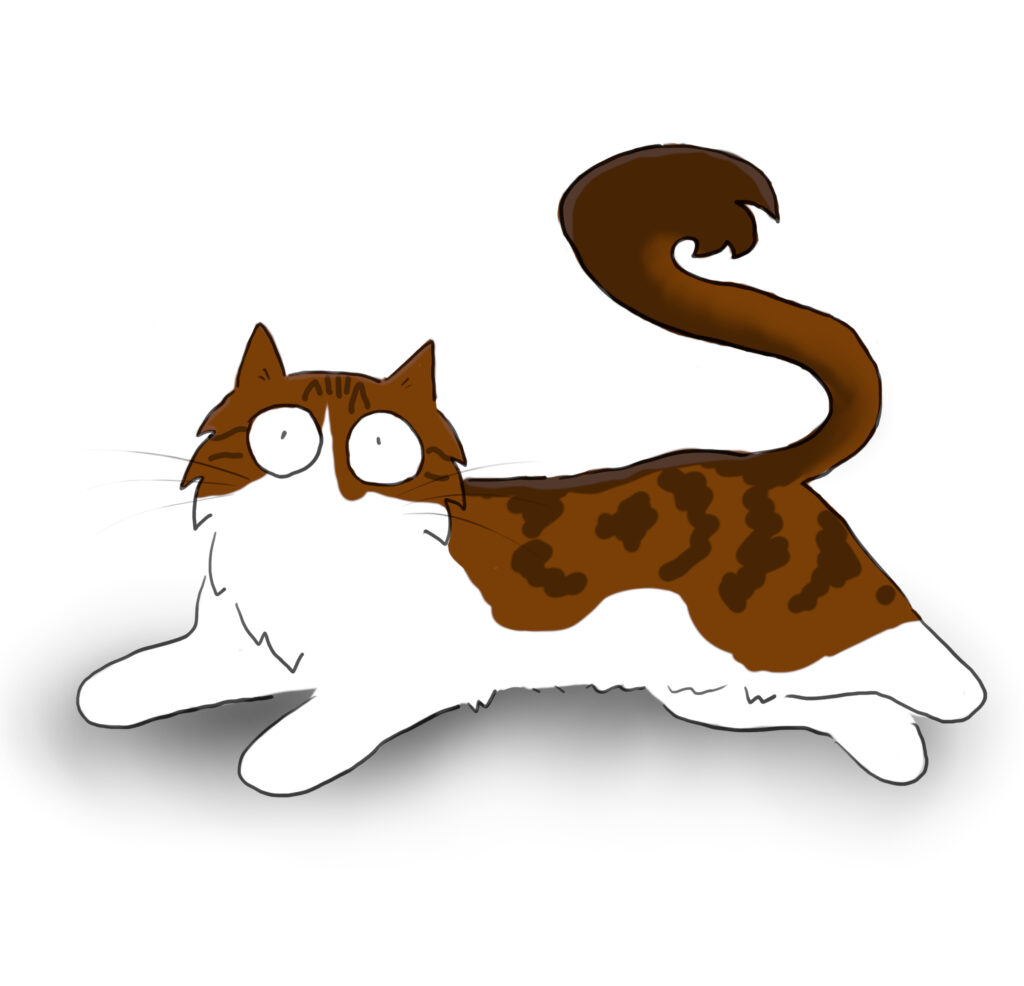 A cartoon of a very hopeful looking tabby and white cat.