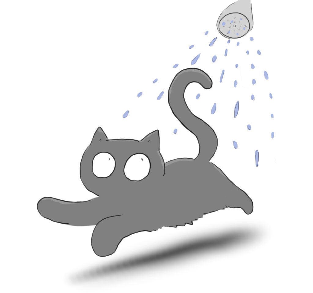 A cartoon of a grey cat racing water from a shower.