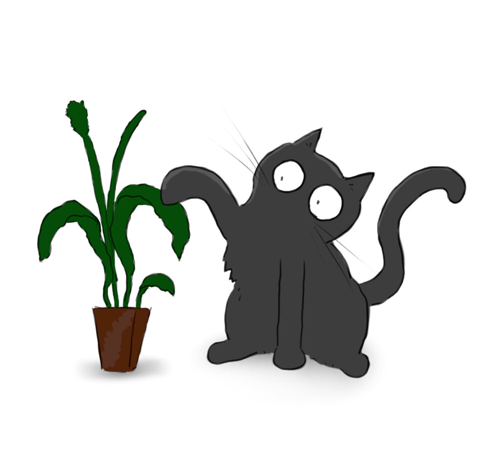 A cartoon of a black cat batting at some potted plants.