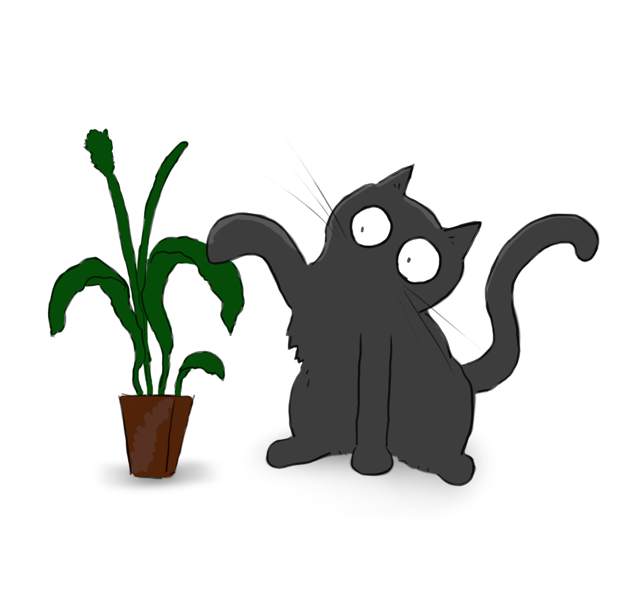 A cartoon of a black cat batting at some potted plants.