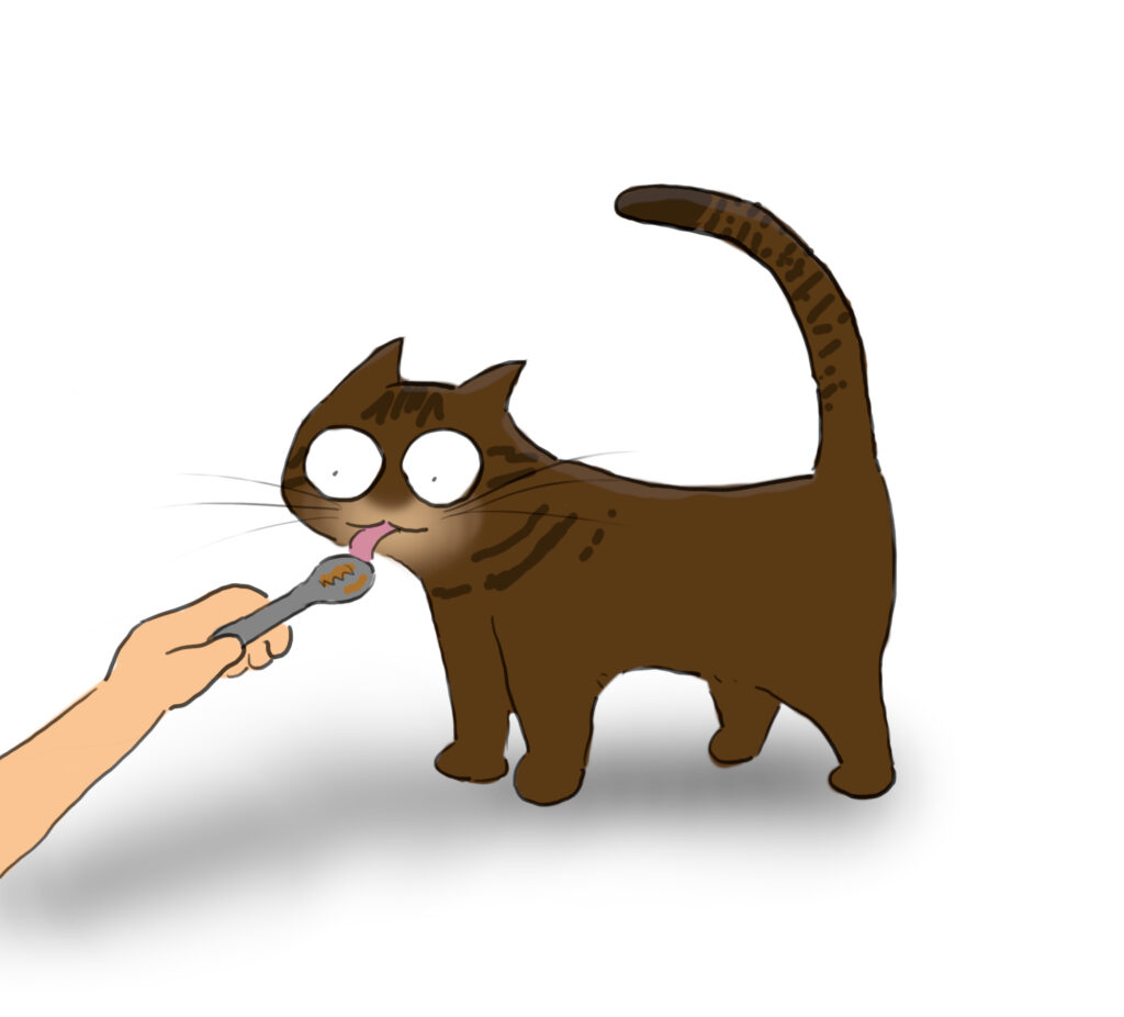 A cartoon of a little brown cat licking a spoon that someone is holding.