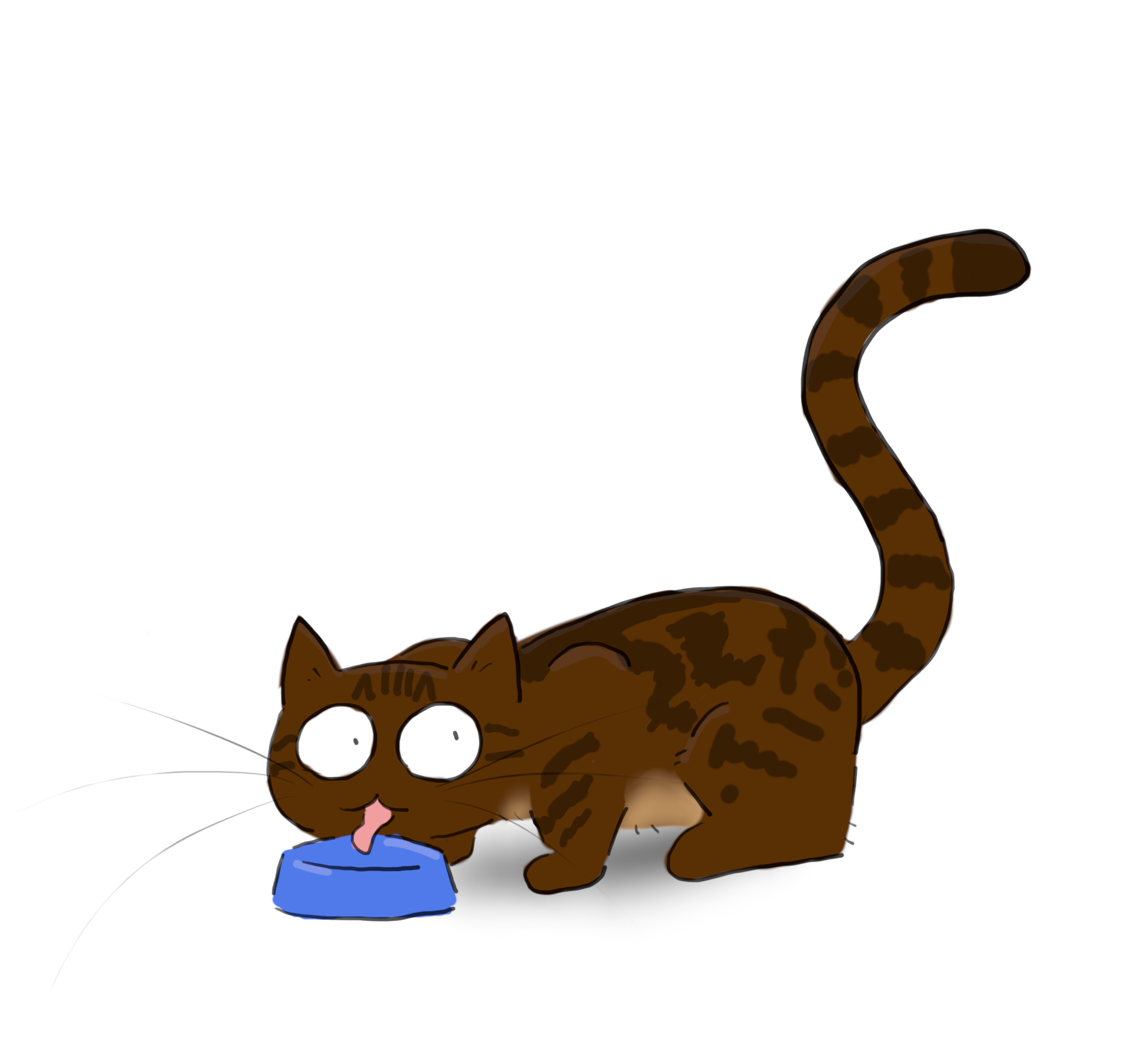 A cartoon of a tabby cat licking an empty food bowl.