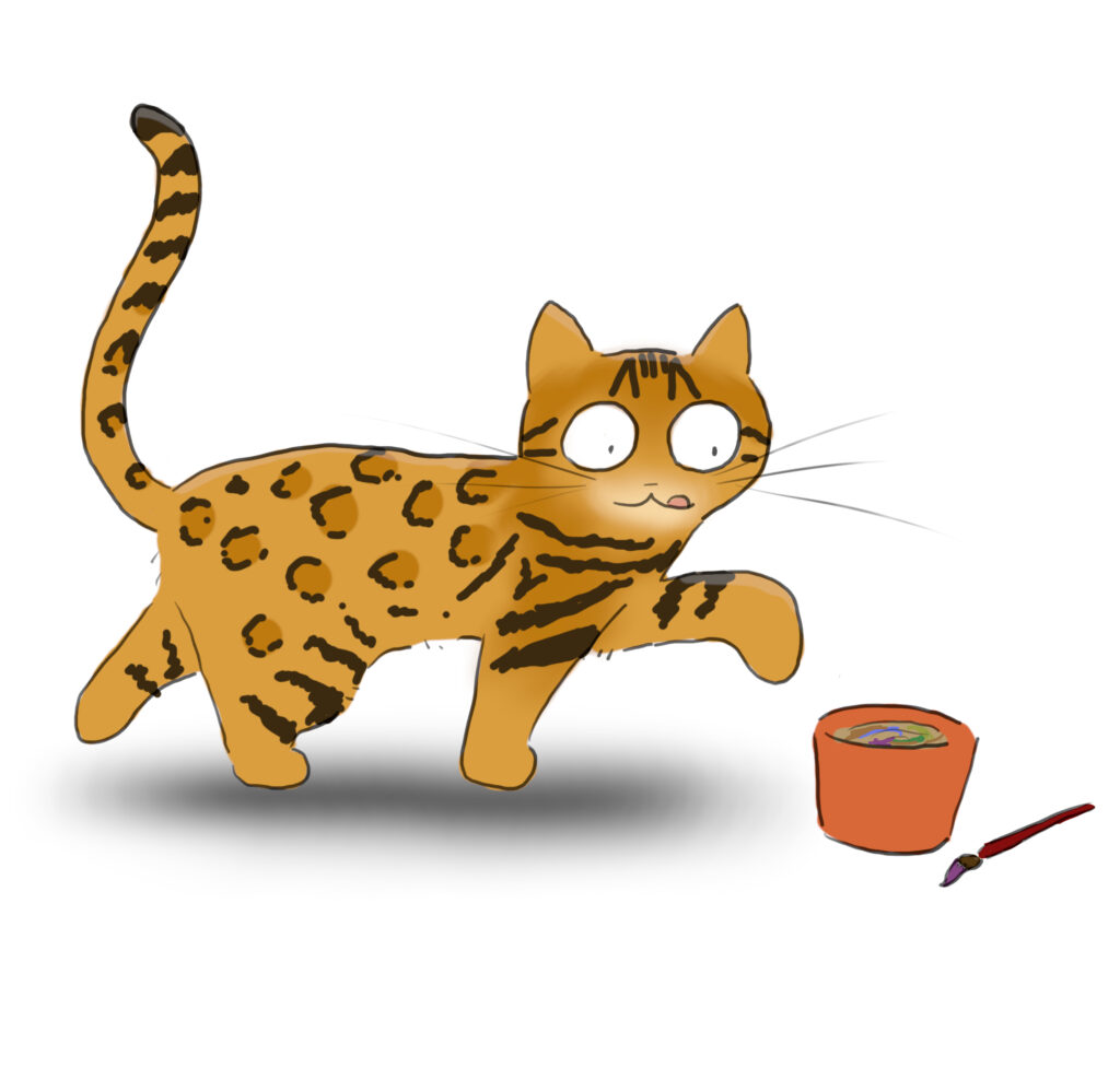 A cartoon of a bengal cat licking its lips as it approaches a dirty pot of paint water.