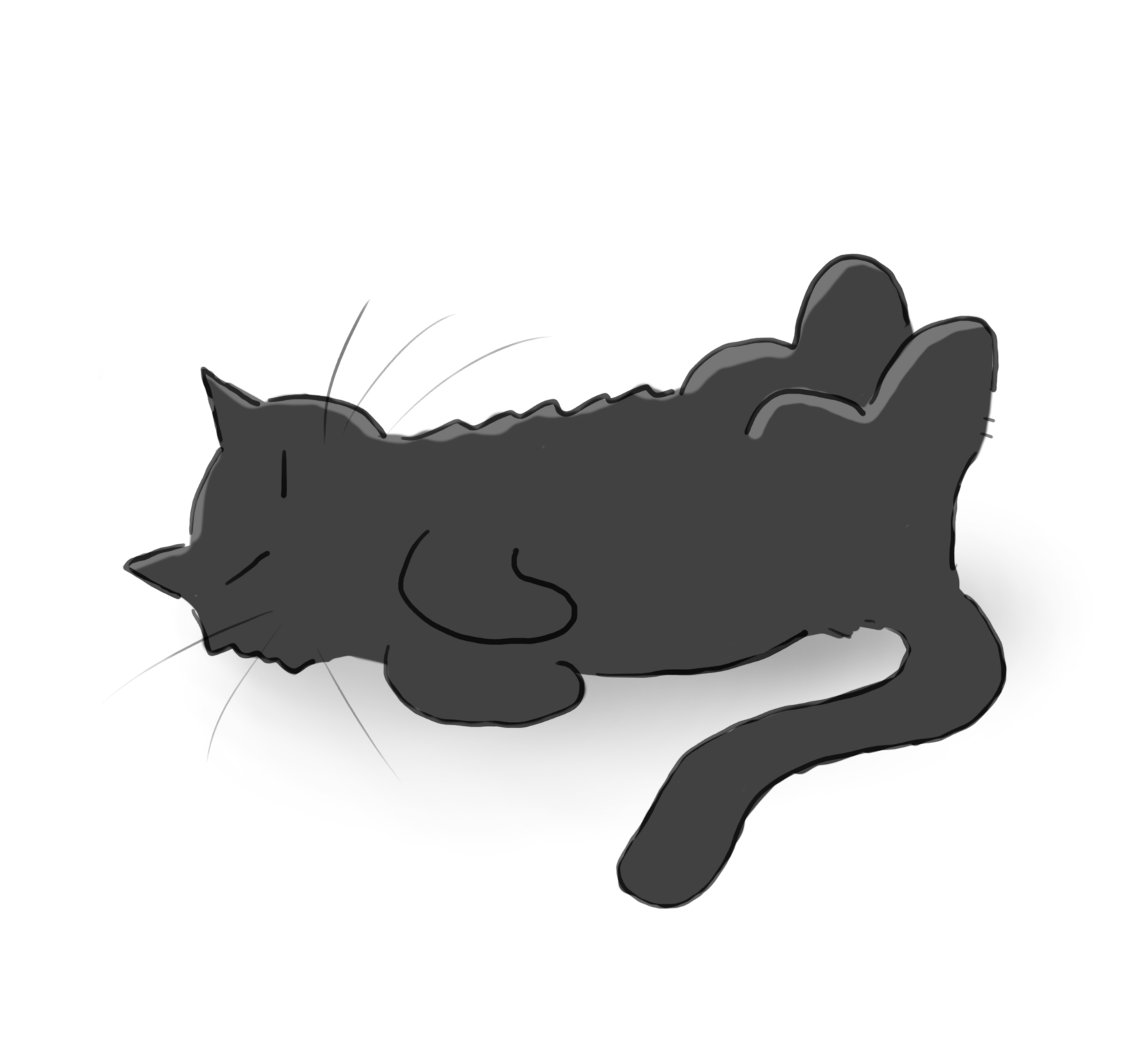 A cartoon of a dark grey cat sleeping in a twisted position.