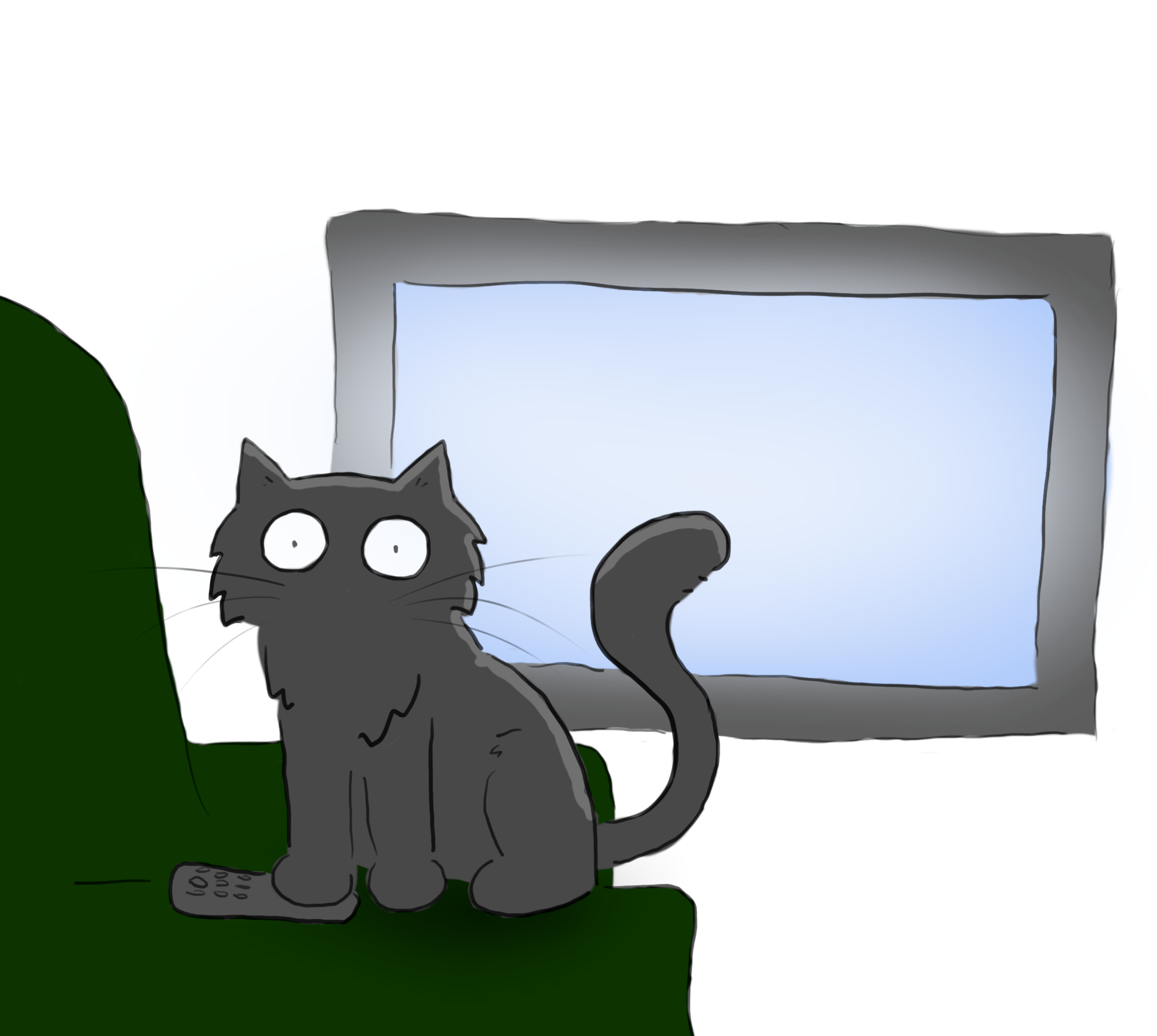 A cartoon of a black cat standing on a remote control, while a TV glows behind her.